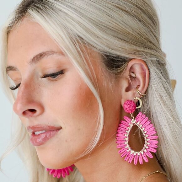 Raffia Statement Beaded Boho Earrings Handmade Teardrop Dangle Water Droplets - Picture 1 of 4